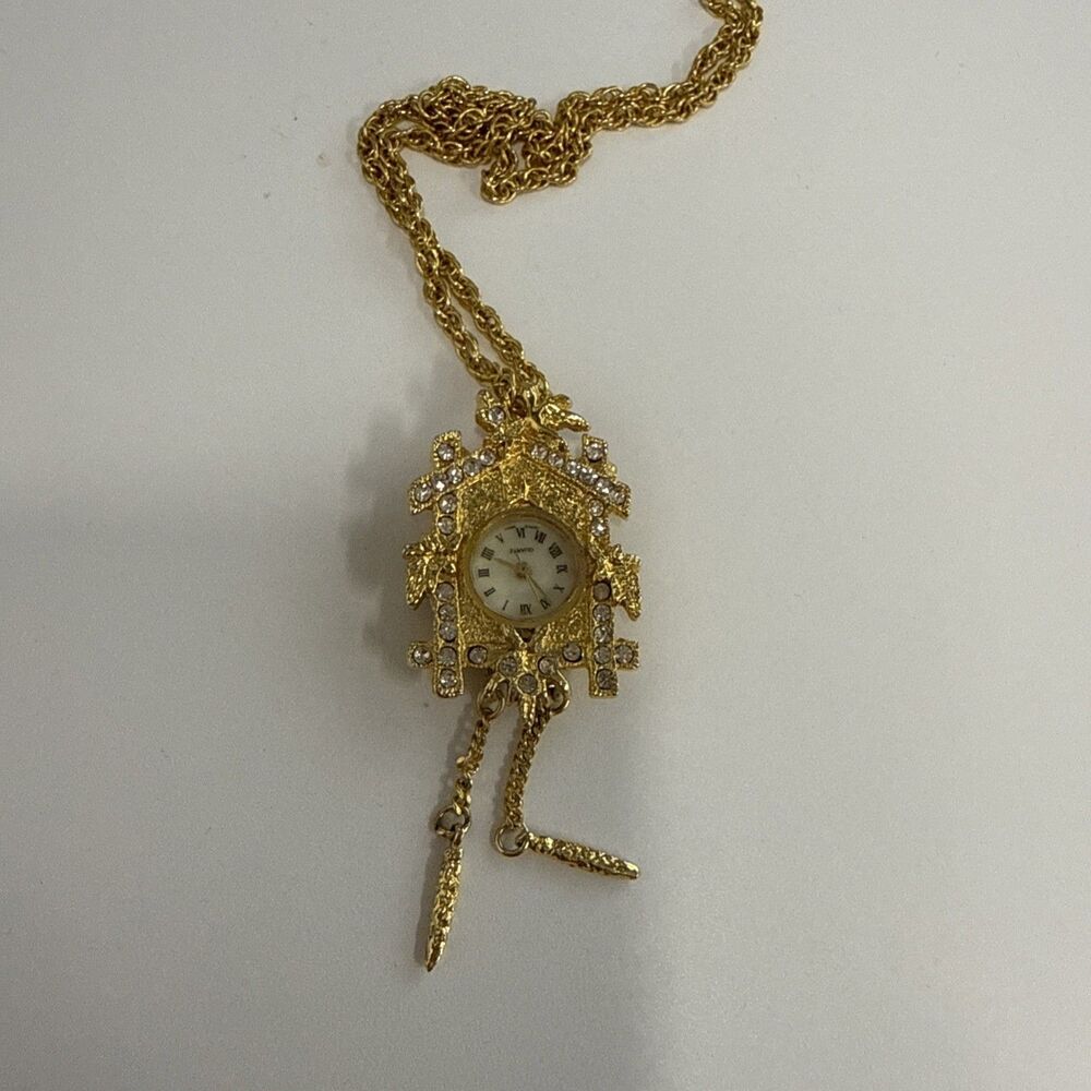 Vtg Lindenworld Cuckoo Coo-Coo  Clock Ladies Watch Pendant Rhinestone Necklace